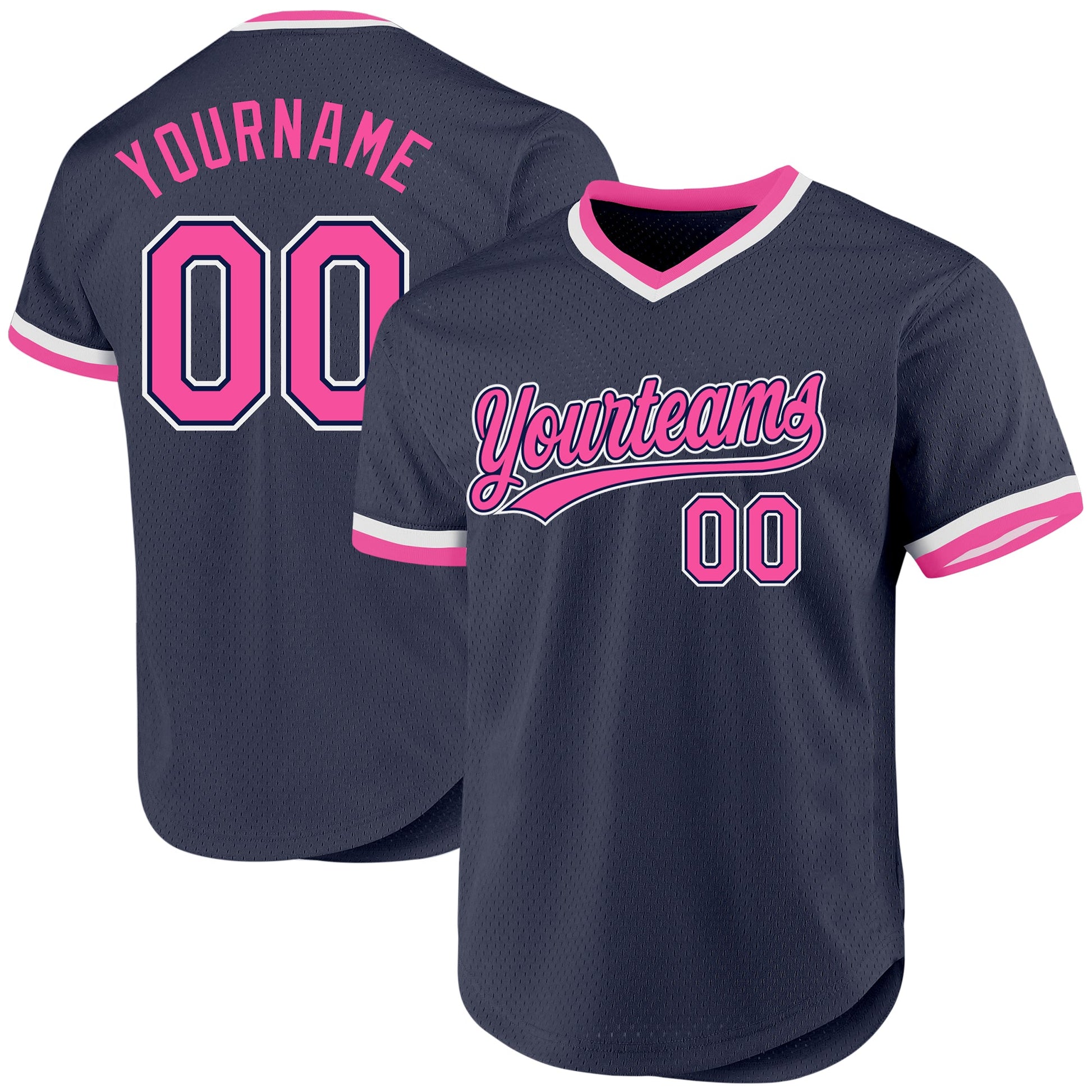 Custom Navy Pink-White Authentic Throwback Baseball Jersey - Main View