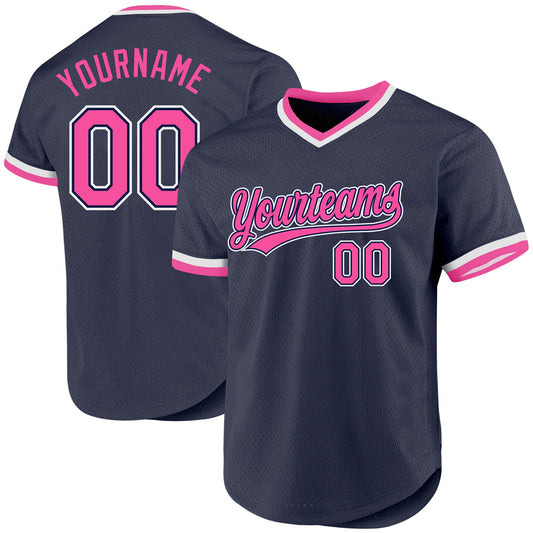 Custom Navy Pink-White Authentic Throwback Baseball Jersey - Main View