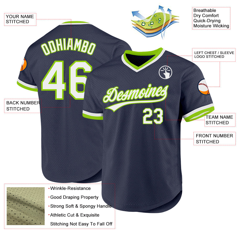 Custom Navy White-Neon Green Authentic Throwback Baseball Jersey view 3