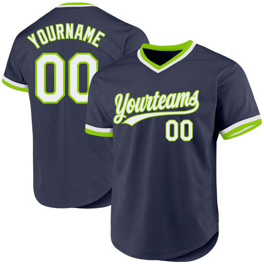 Custom Navy White-Neon Green Authentic Throwback Baseball Jersey - Main View