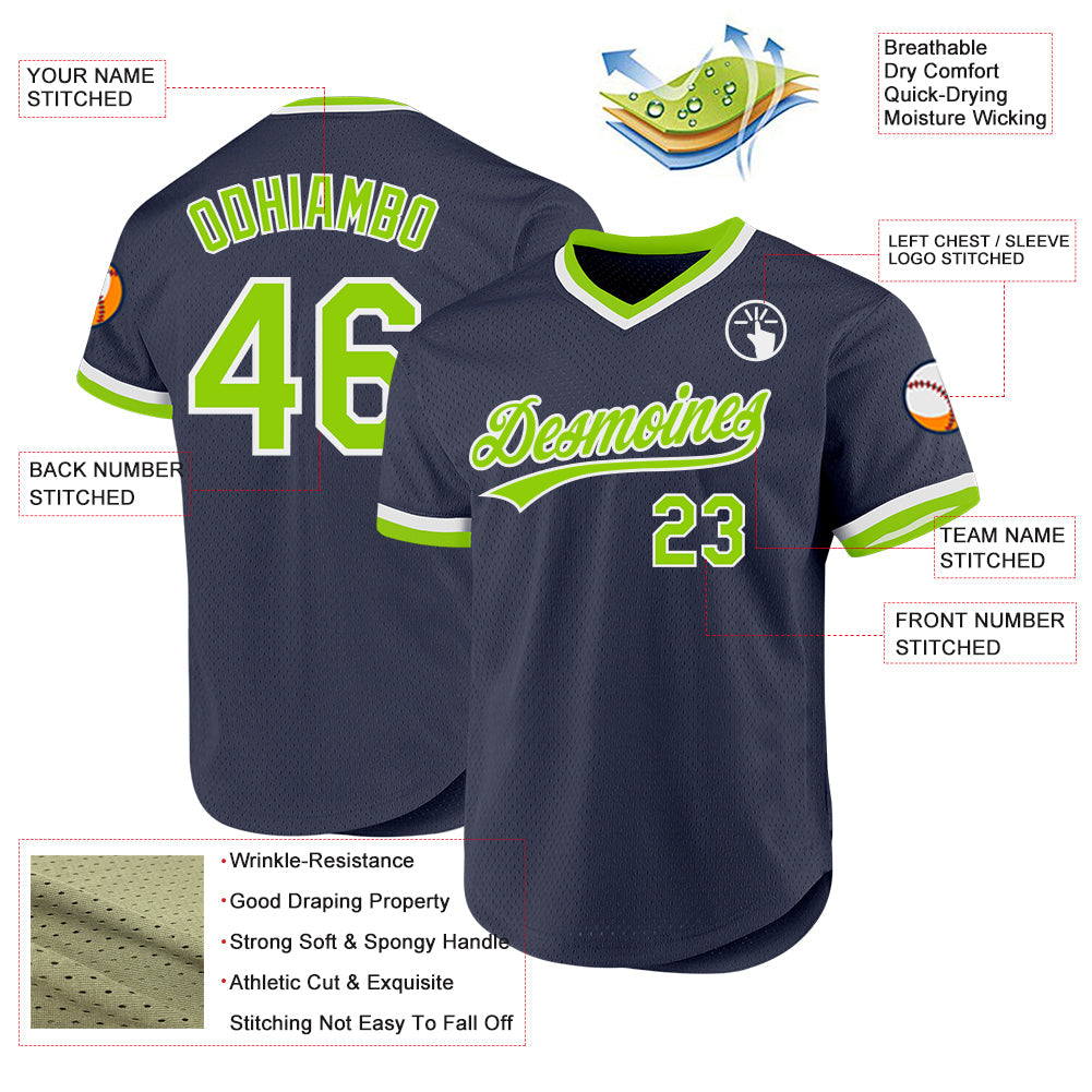 Custom Navy Neon Green-White Authentic Throwback Baseball Jersey view 3