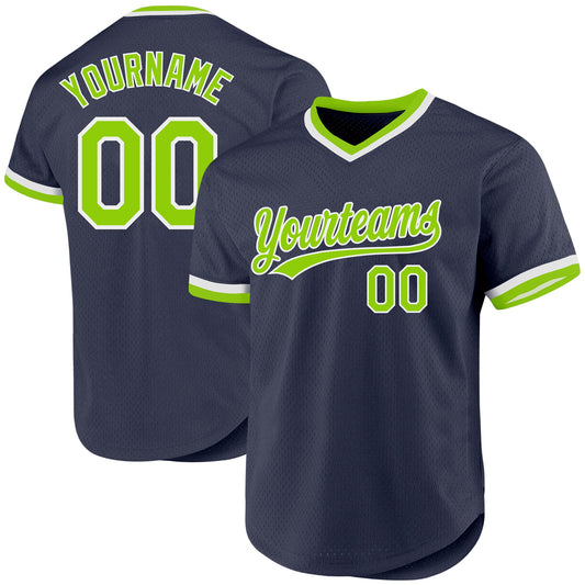 Custom Navy Neon Green-White Authentic Throwback Baseball Jersey - Main View