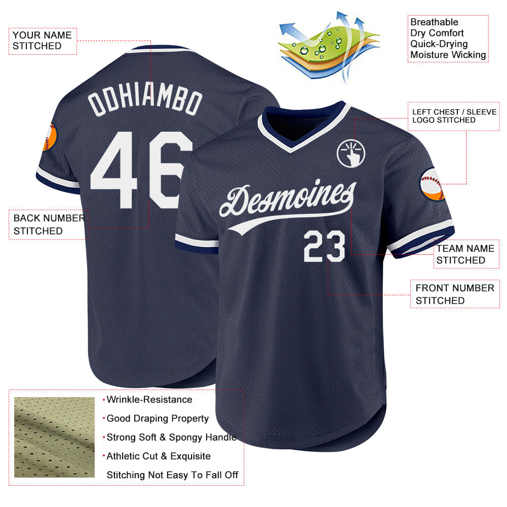 Custom Navy White Authentic Throwback Baseball Jersey view 3