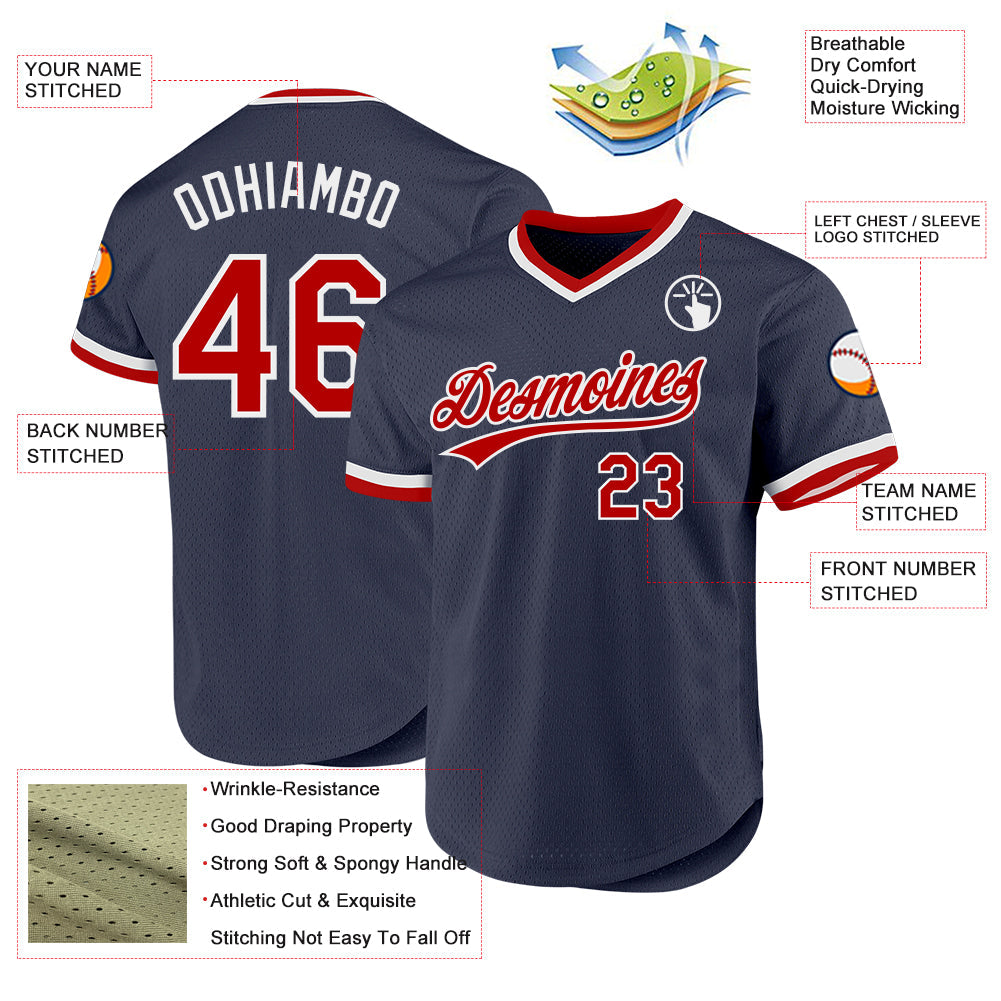 Custom Navy Red-White Authentic Throwback Baseball Jersey view 3