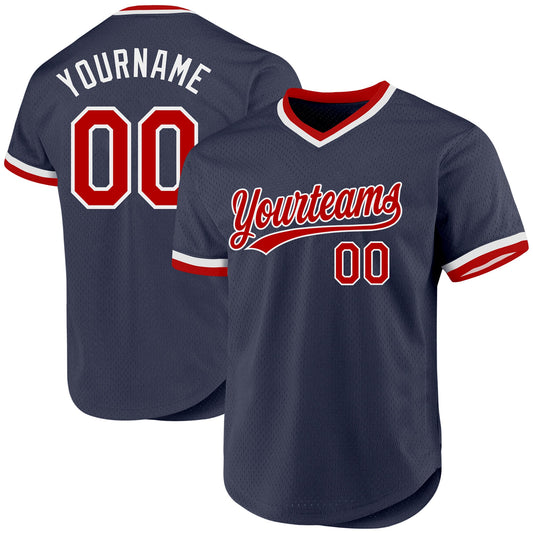Custom Navy Red-White Authentic Throwback Baseball Jersey - Main View