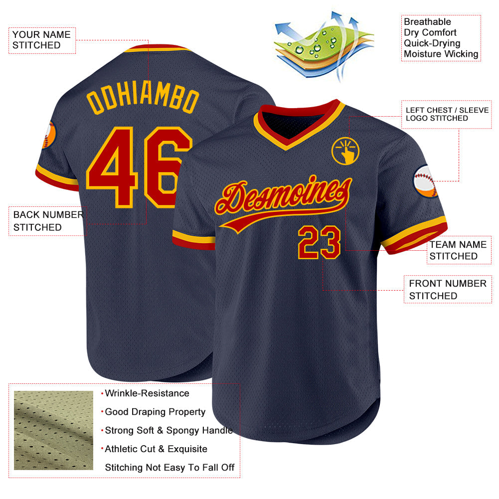 Custom Navy Red-Gold Authentic Throwback Baseball Jersey view 3
