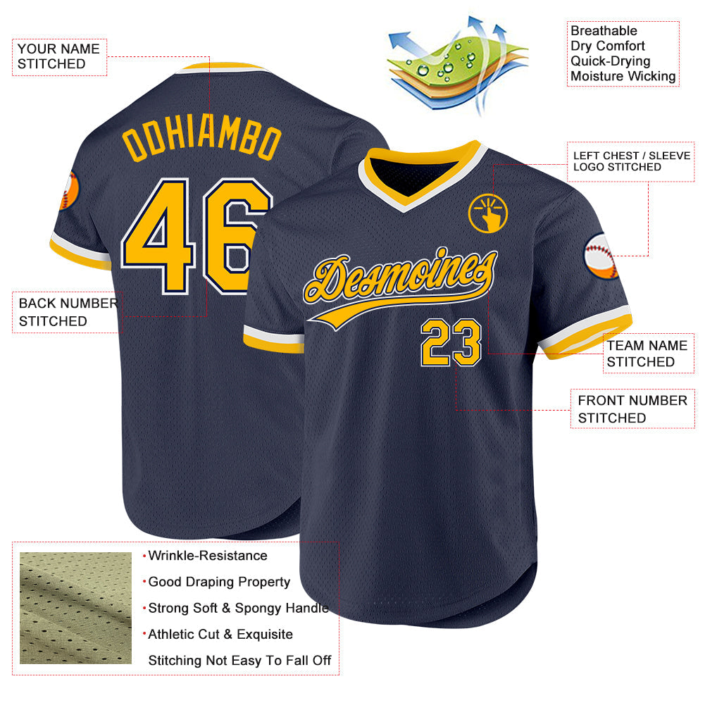 Custom Navy Gold-White Authentic Throwback Baseball Jersey view 3