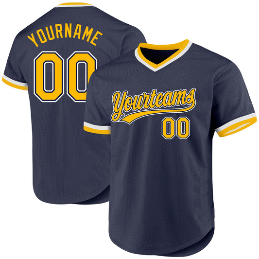 Custom Navy Gold-White Authentic Throwback Baseball Jersey - Main View