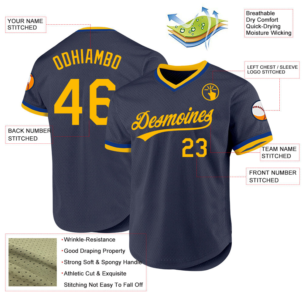 Custom Navy Gold-Royal Authentic Throwback Baseball Jersey view 3