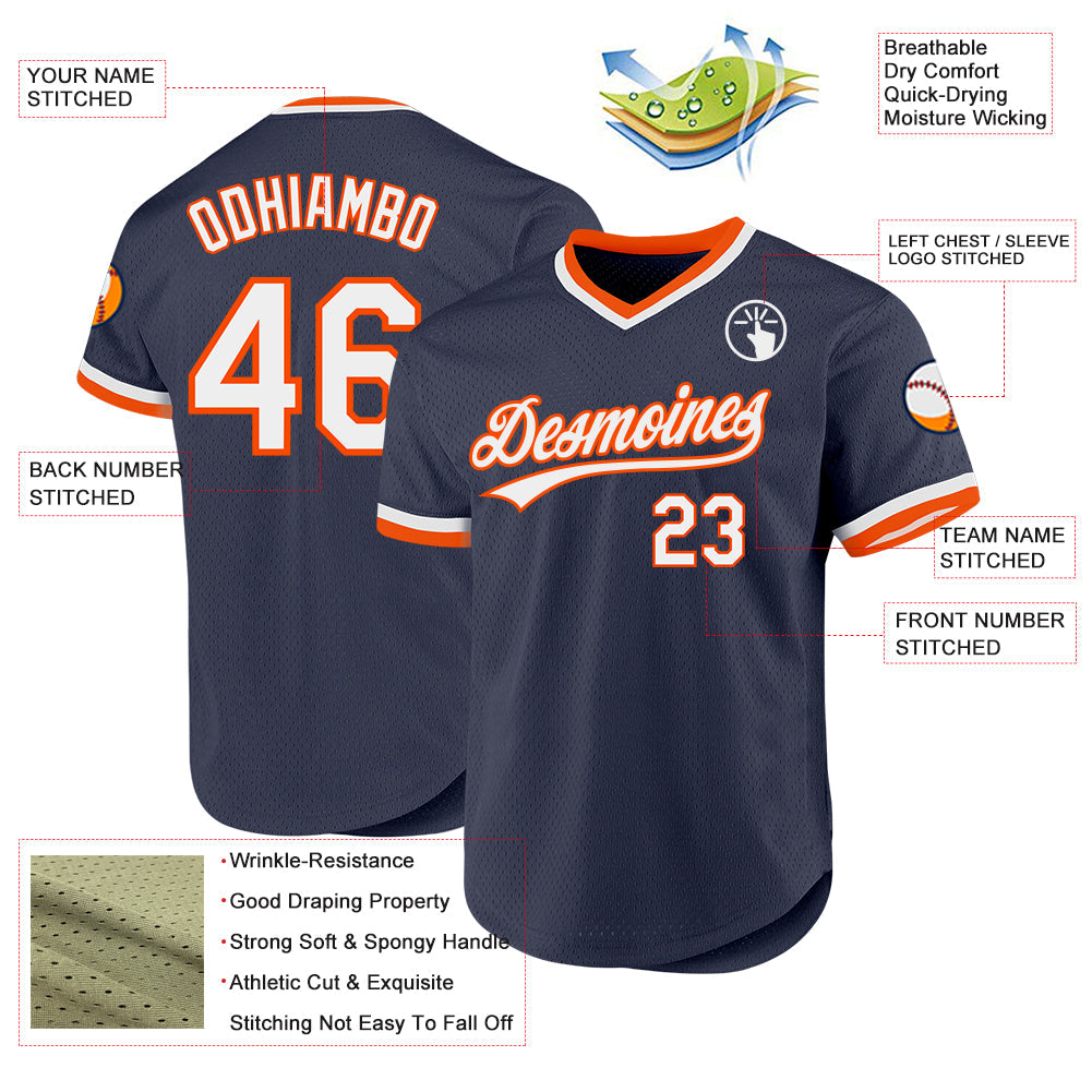 Custom Navy White-Orange Authentic Throwback Baseball Jersey view 3