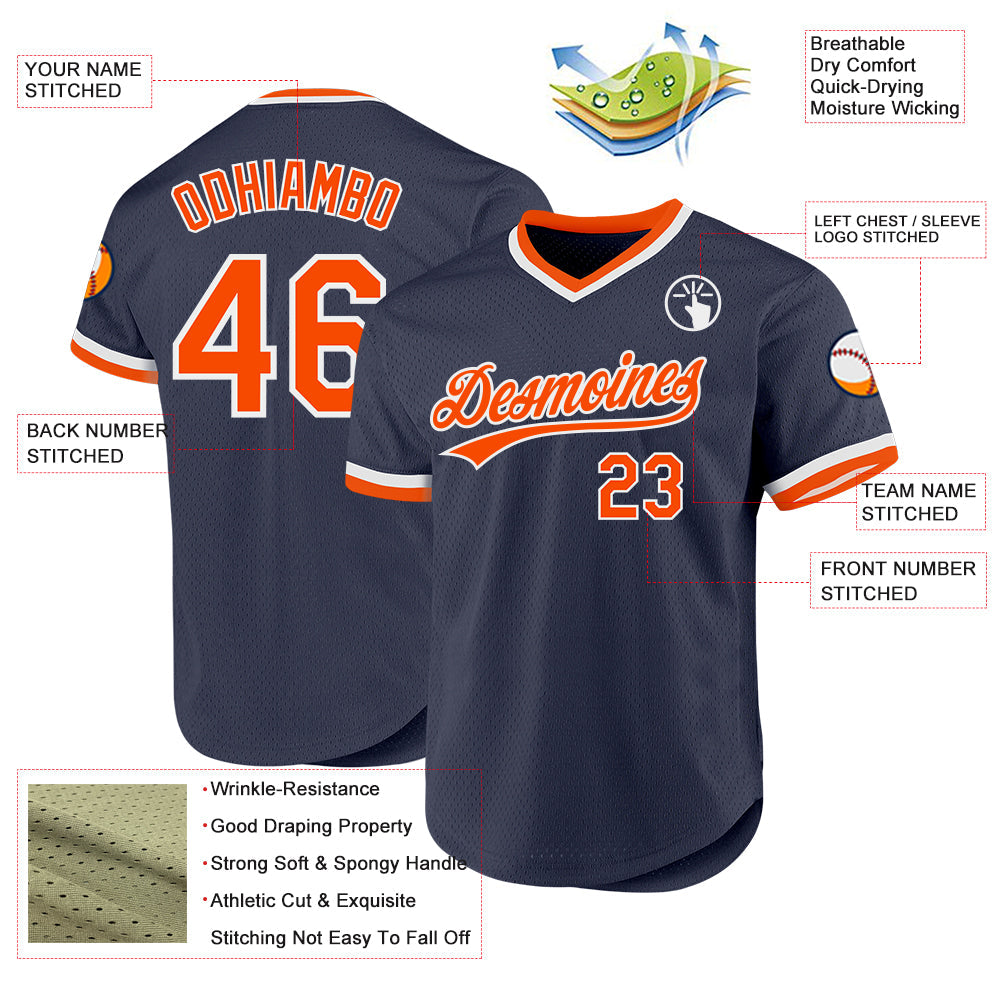 Custom Navy Orange-White Authentic Throwback Baseball Jersey view 3