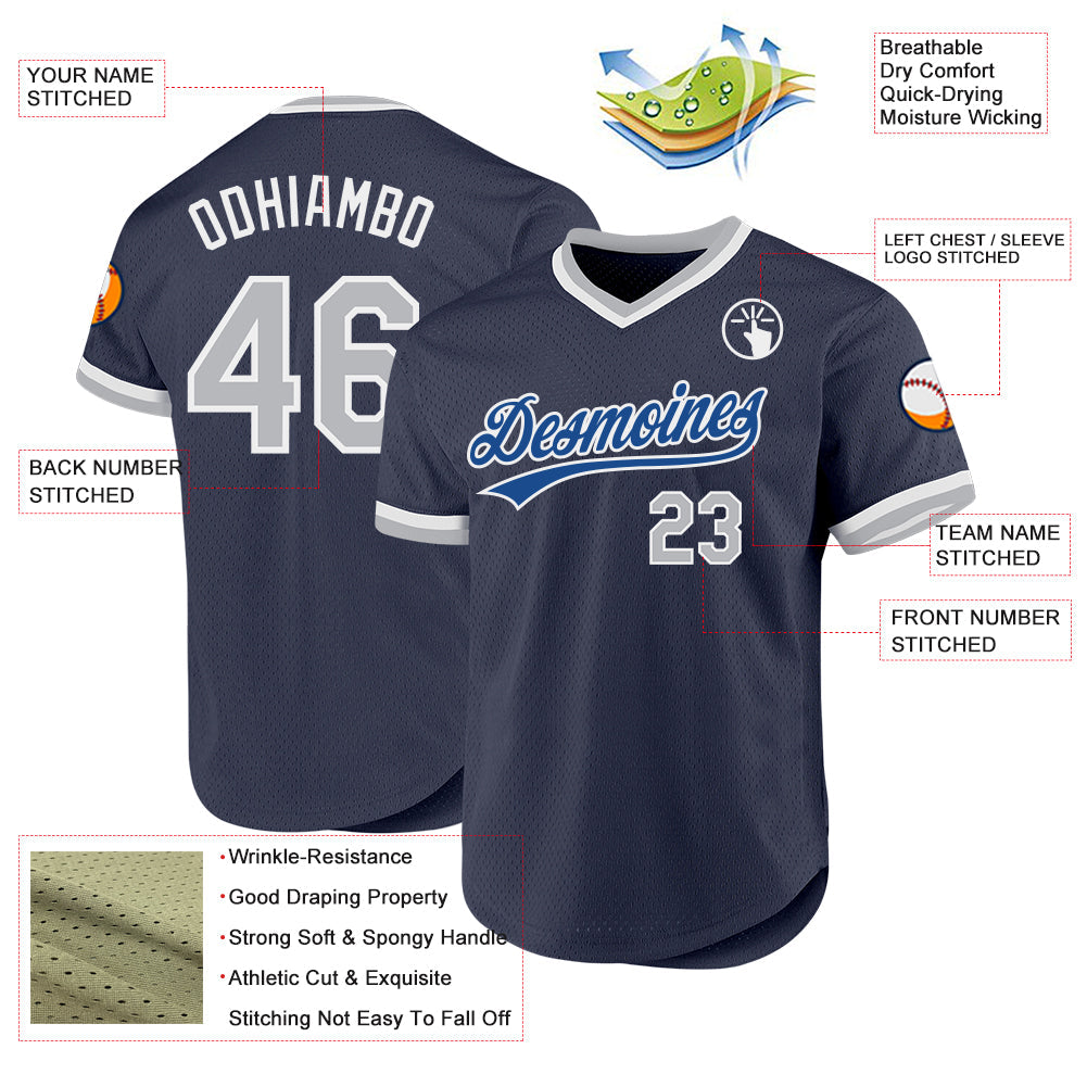 Custom Navy Gray Blue-White Authentic Throwback Baseball Jersey view 3