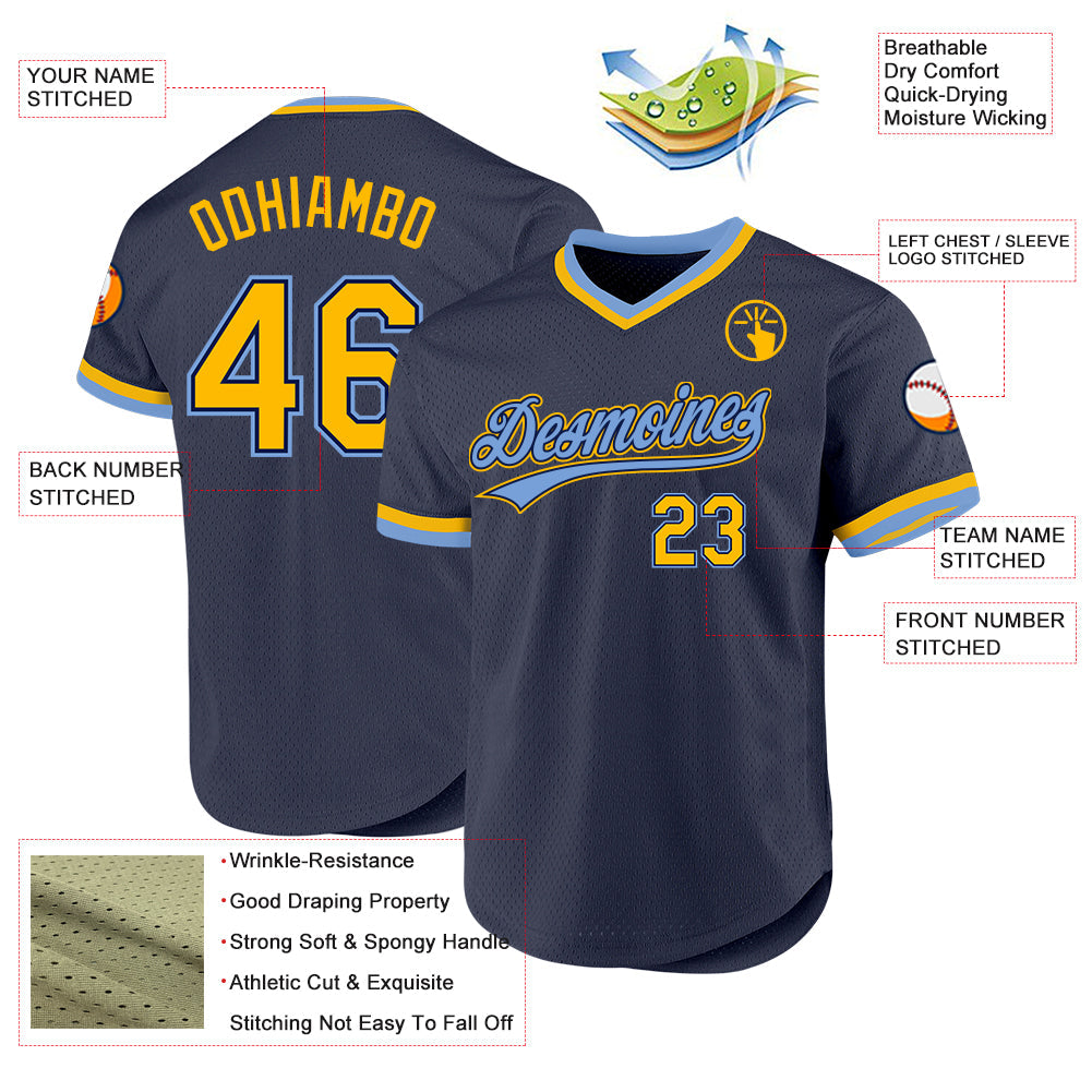 Custom Navy Gold-Light Blue Authentic Throwback Baseball Jersey view 3
