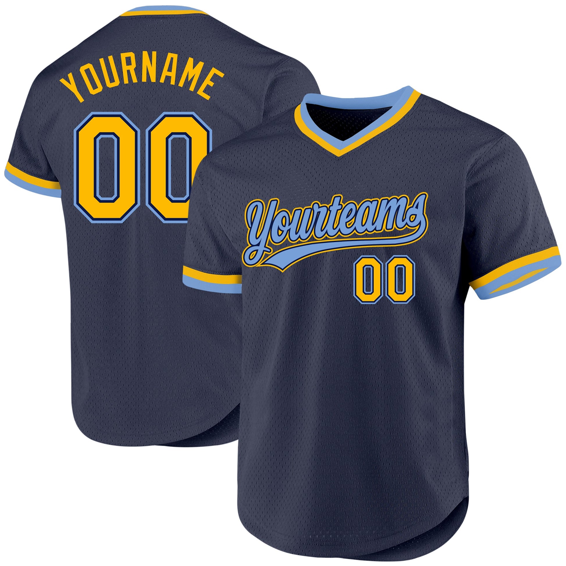 Custom Navy Gold-Light Blue Authentic Throwback Baseball Jersey - Main View