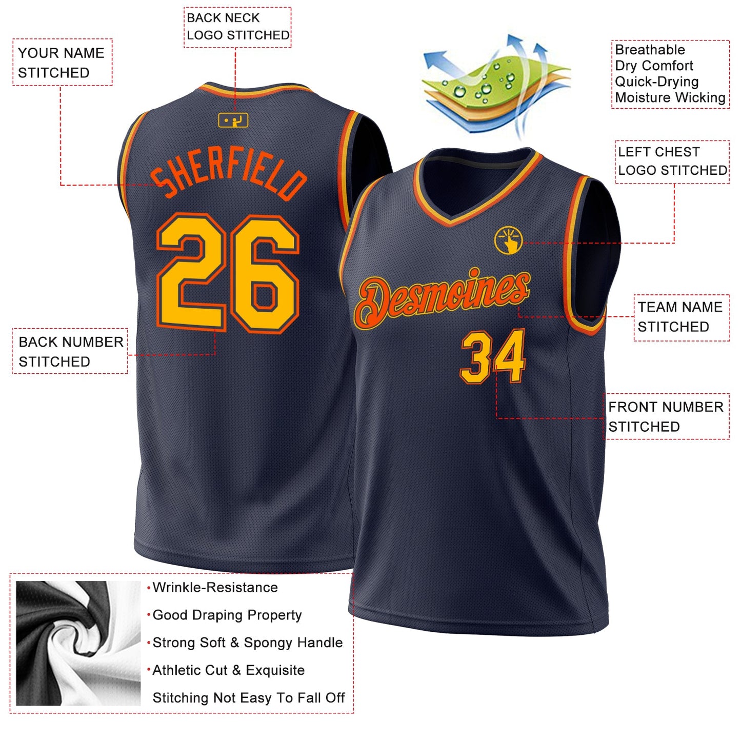 Custom Navy Gold-Orange Authentic Throwback Basketball Jersey view 3