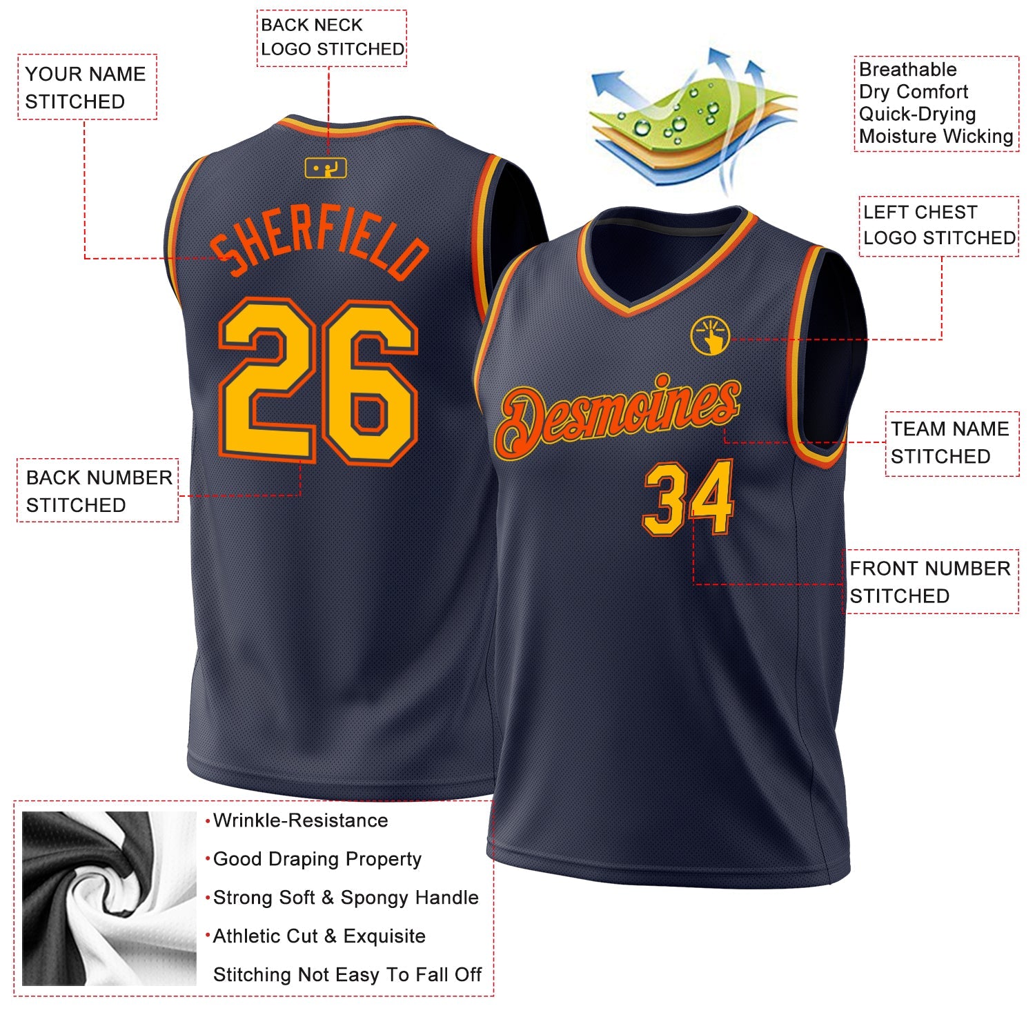 Custom Navy Gold-Orange Authentic Throwback Basketball Jersey view 3