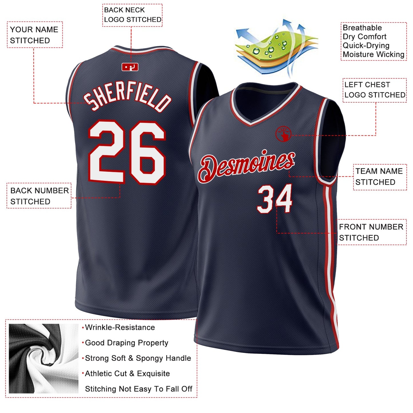 Custom Navy White-Red Authentic Throwback Basketball Jersey view 3