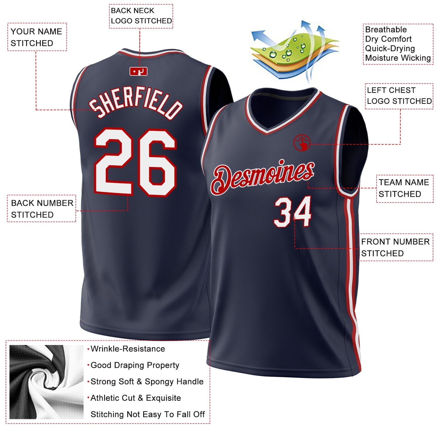 Custom Navy White-Red Authentic Throwback Basketball Jersey view 3