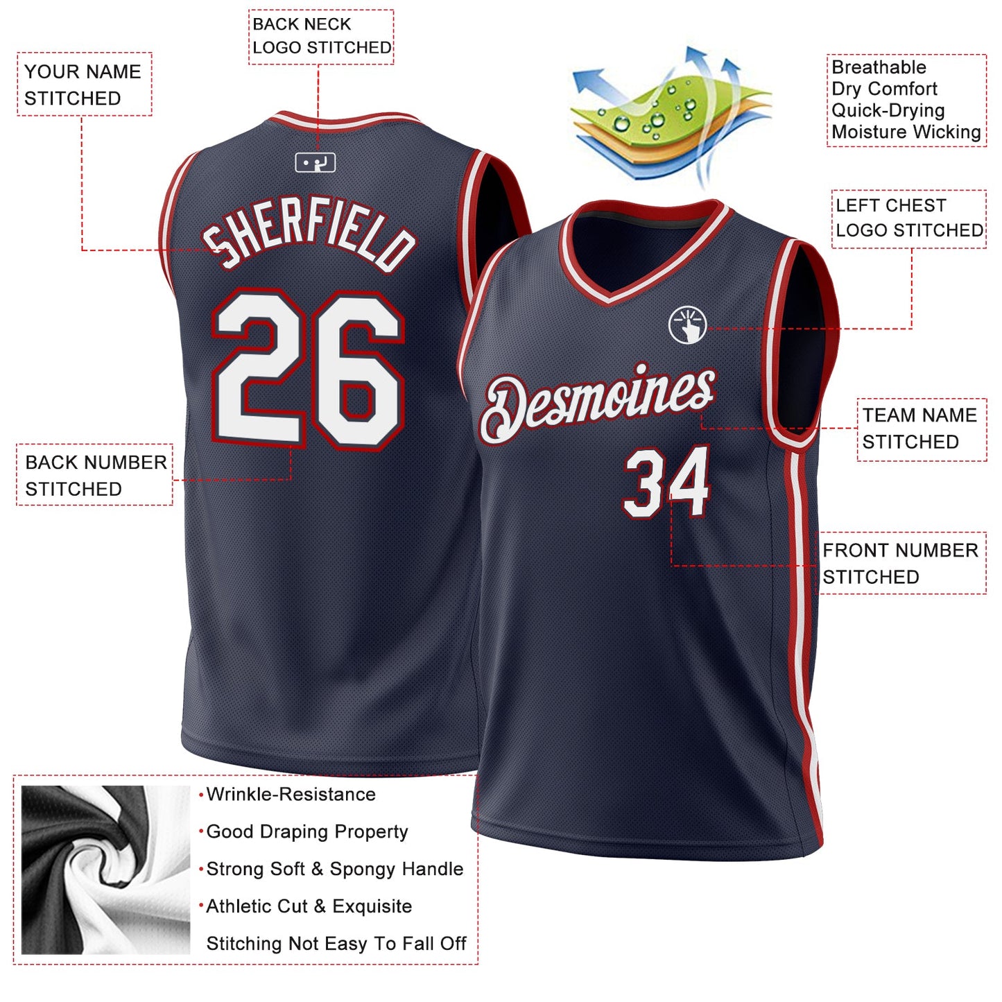 Custom Navy White-Red Authentic Throwback Basketball Jersey view 3