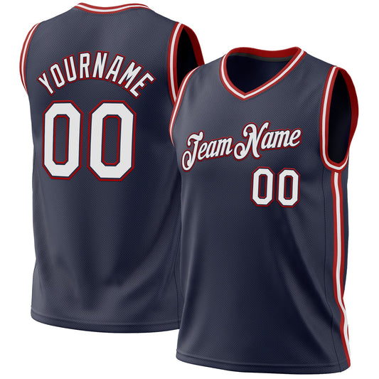 Custom Navy White-Red Authentic Throwback Basketball Jersey - Main View