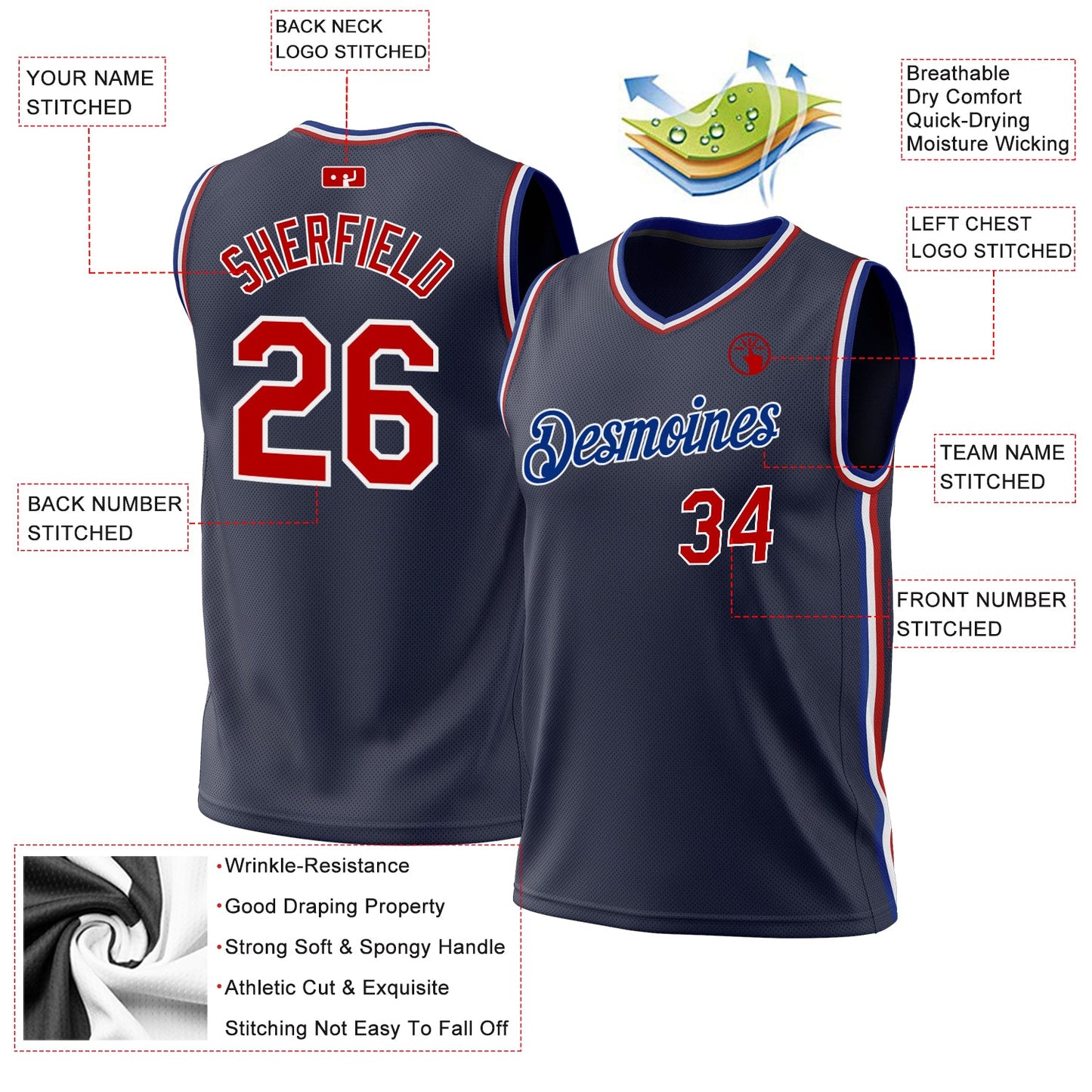 Custom Navy Red-Royal Authentic Throwback Basketball Jersey view 3