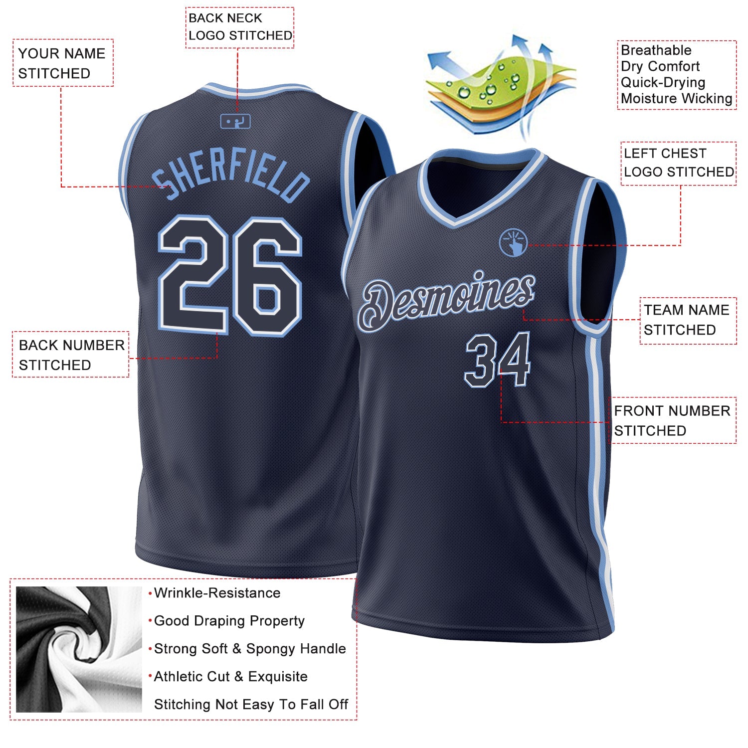 Custom Navy White-Light Blue Authentic Throwback Basketball Jersey view 3