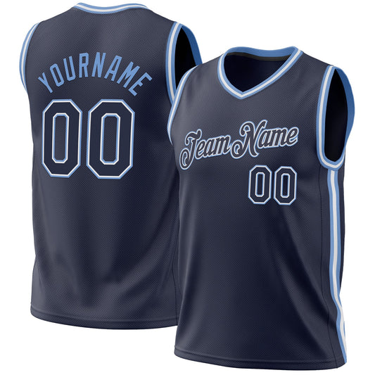 Custom Navy White-Light Blue Authentic Throwback Basketball Jersey - Main View