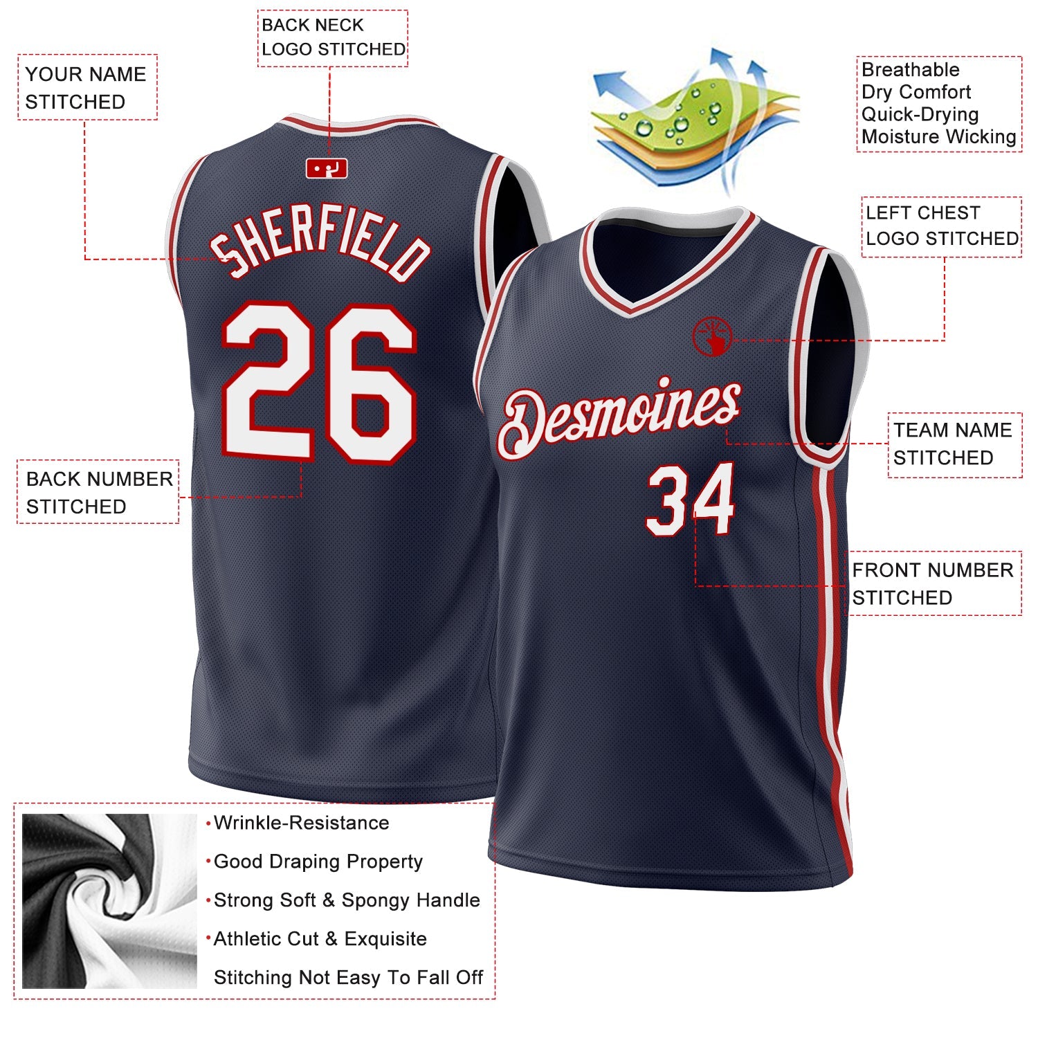 Custom Navy White-Red Authentic Throwback Basketball Jersey view 3