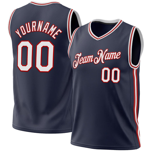 Custom Navy White-Red Authentic Throwback Basketball Jersey - Main View
