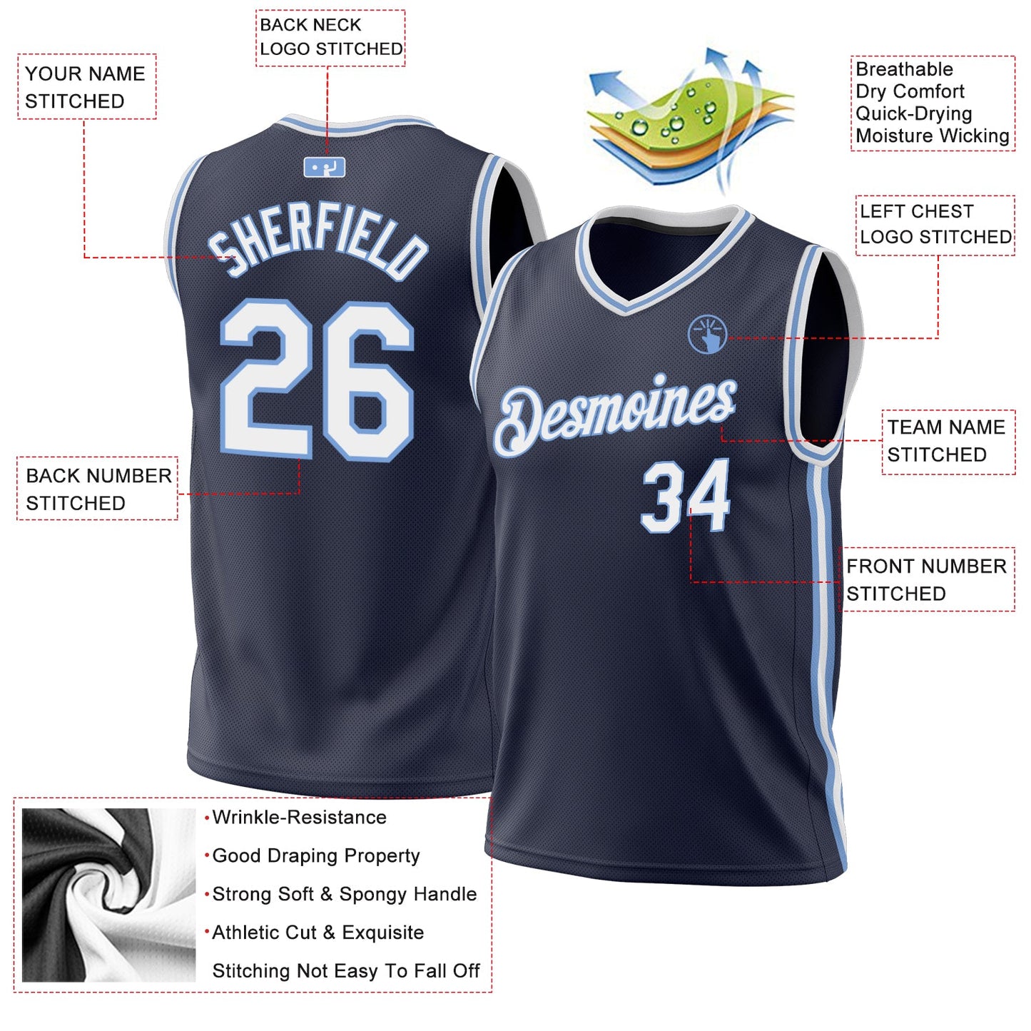 Custom Navy White-Light Blue Authentic Throwback Basketball Jersey view 3
