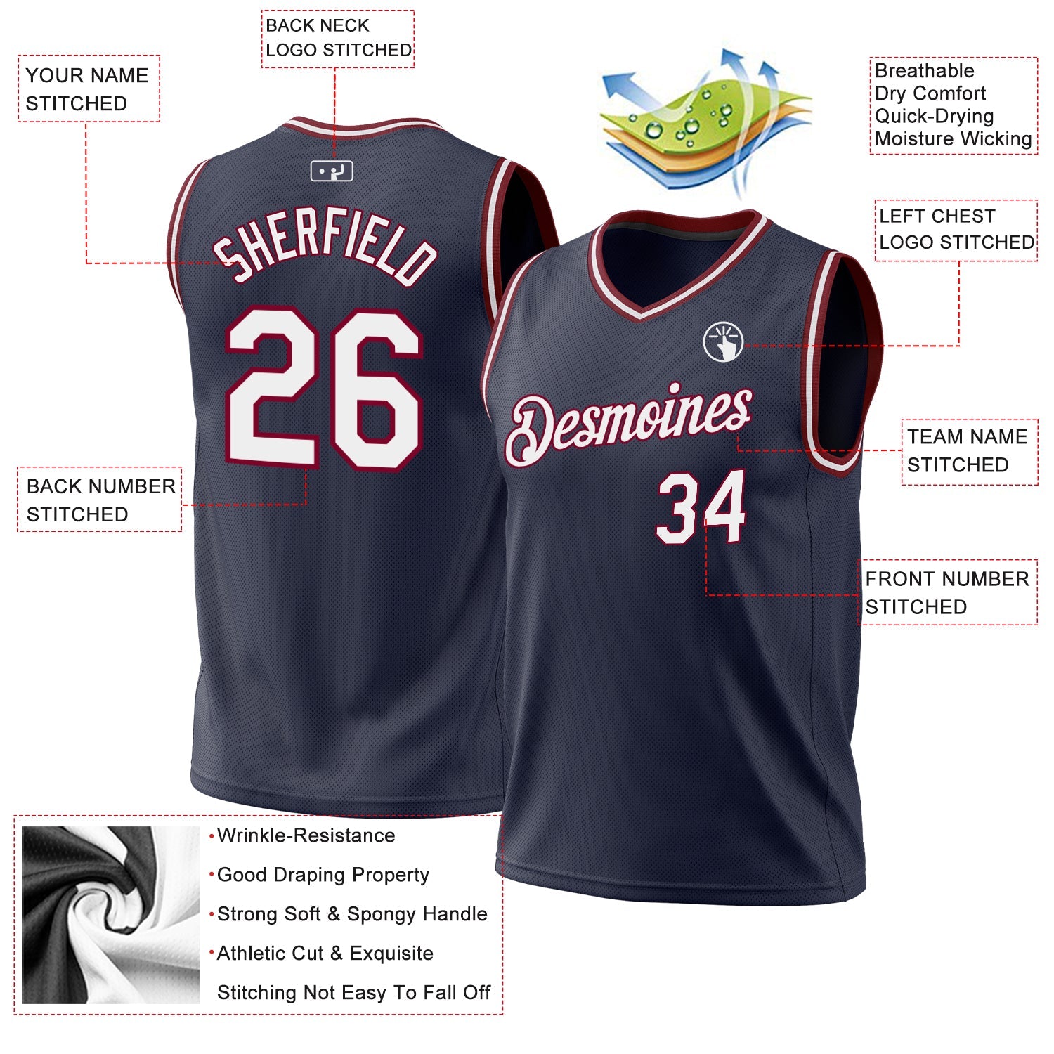 Custom Navy White-Maroon Authentic Throwback Basketball Jersey view 3
