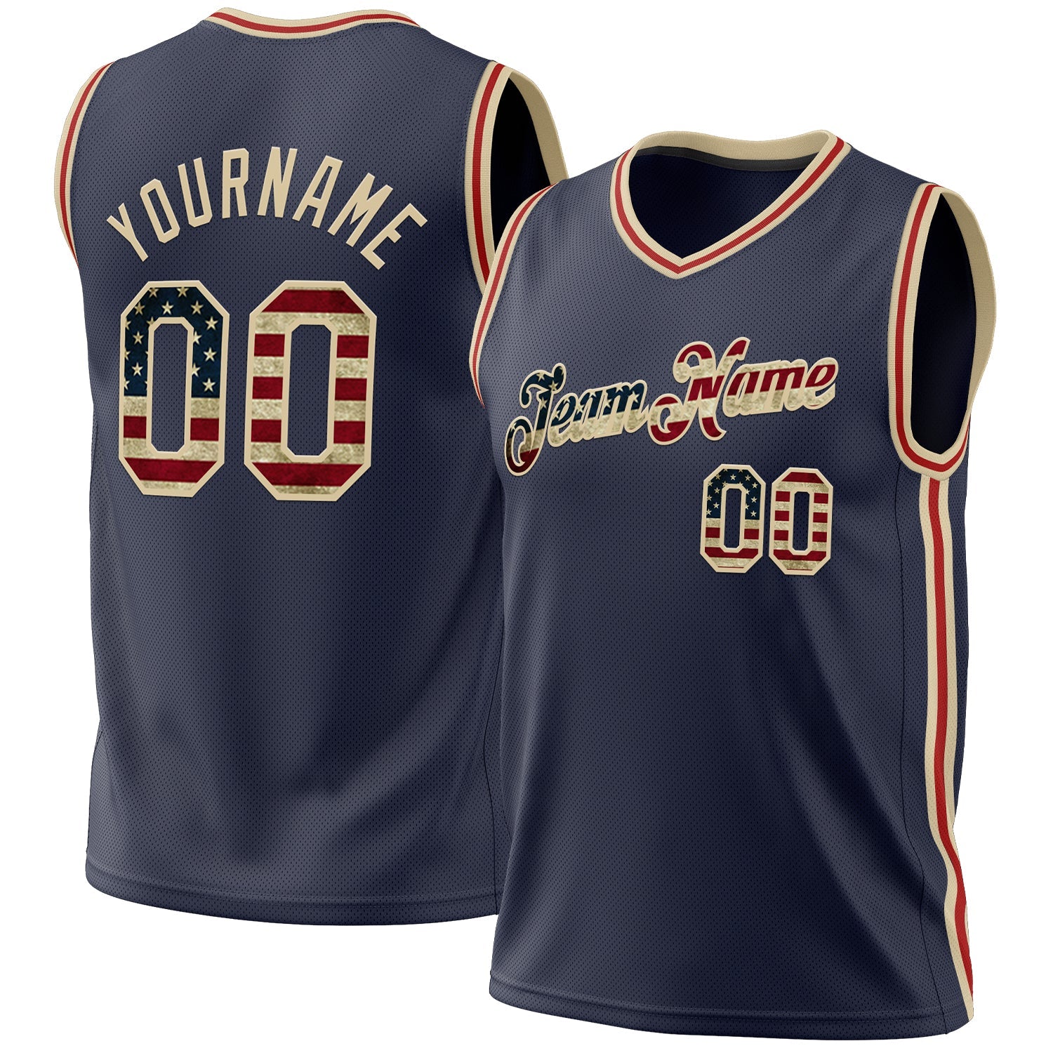 Custom Navy Vintage USA Flag Cream-Red Authentic Throwback Basketball Jersey - Main View