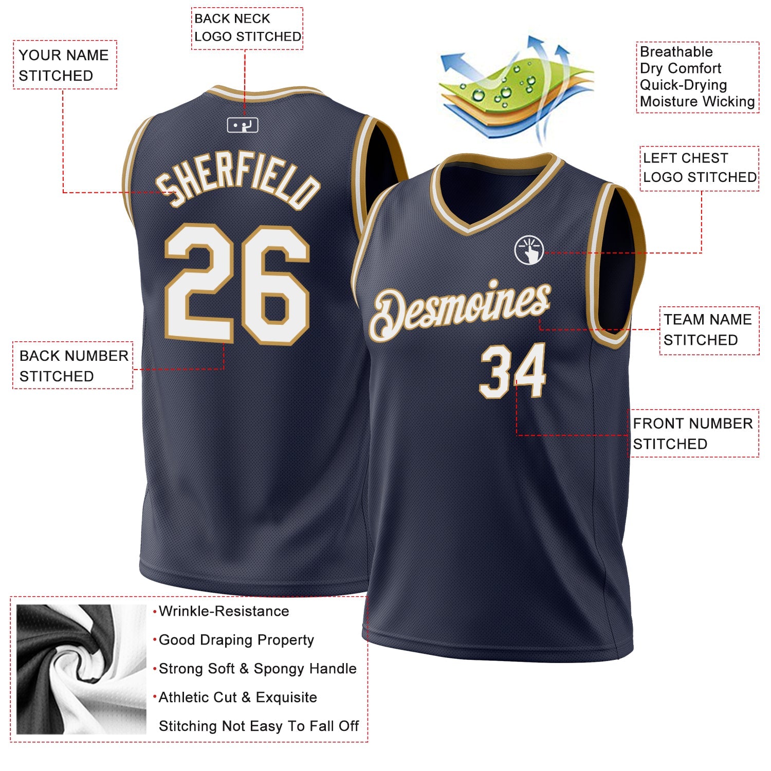 Custom Navy White-Old Gold Authentic Throwback Basketball Jersey view 3