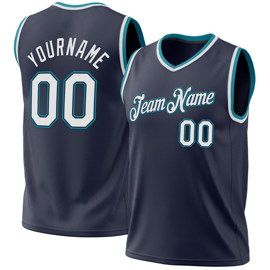 Custom Navy White-Teal Authentic Throwback Basketball Jersey - Main View