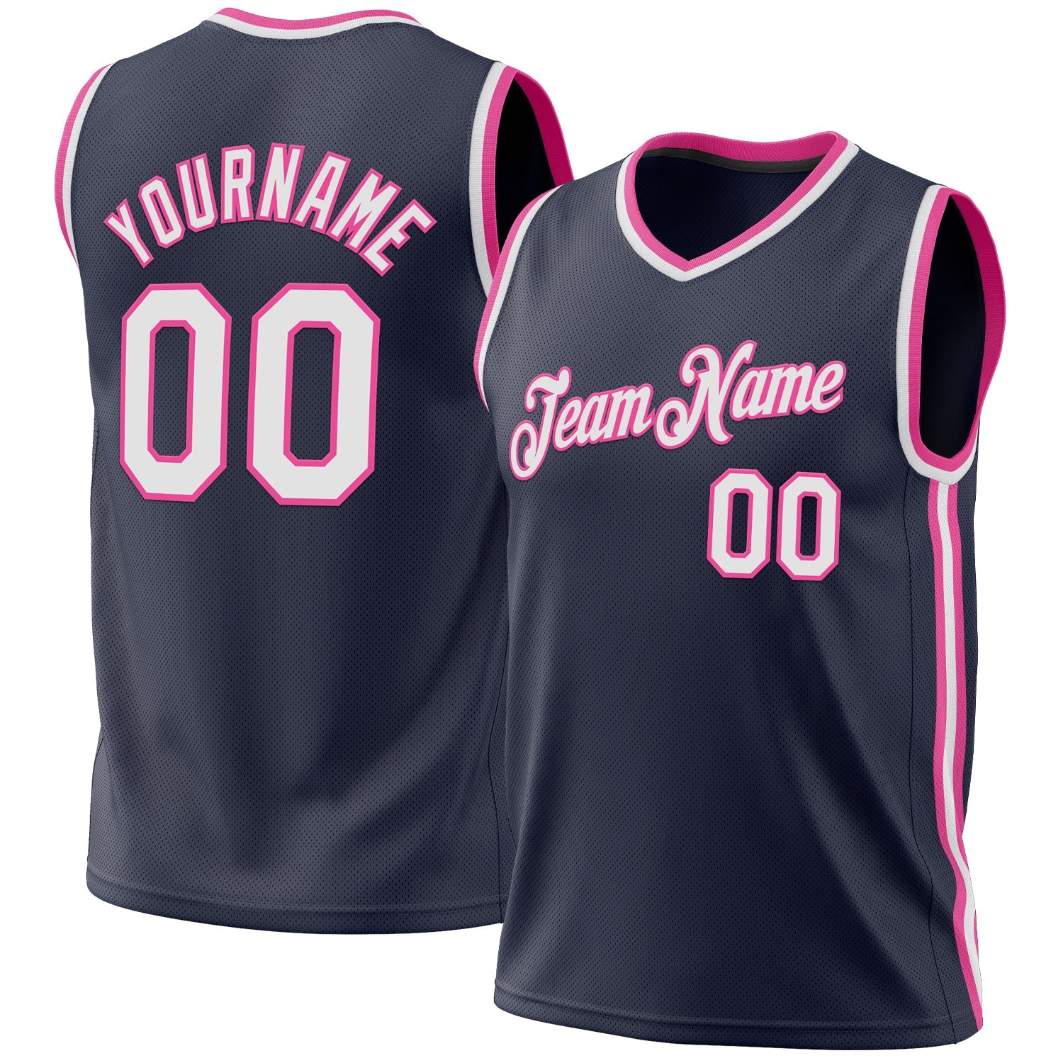 Custom Navy White-Pink Authentic Throwback Basketball Jersey - Main View