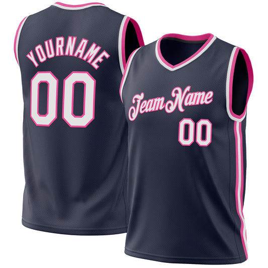 Custom Navy White-Pink Authentic Throwback Basketball Jersey - Main View