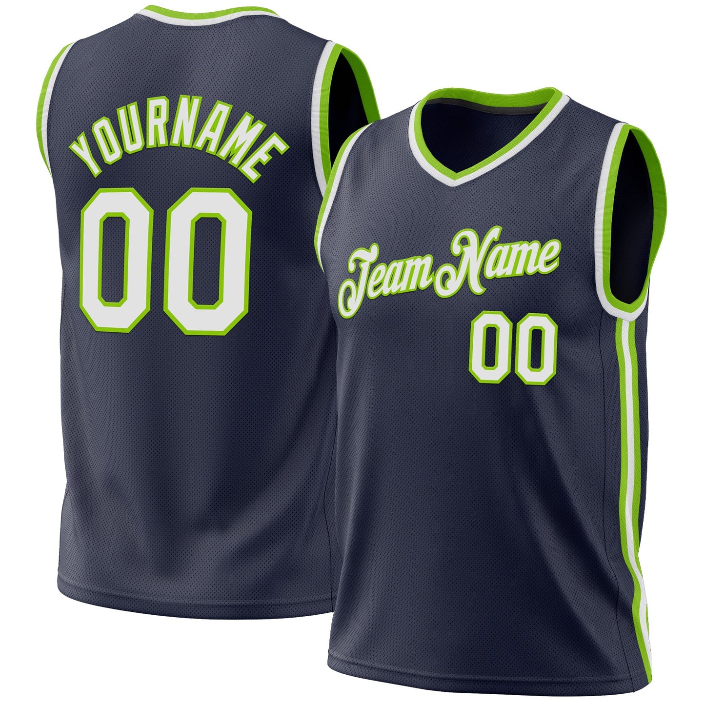 Custom Navy White-Neon Green Authentic Throwback Basketball Jersey - Main View