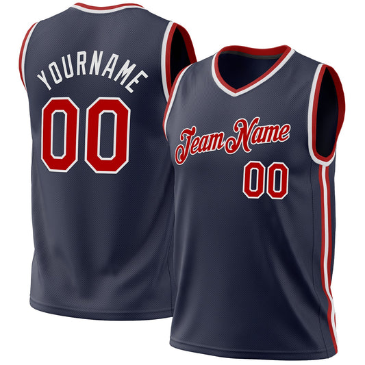 Custom Navy Red-White Authentic Throwback Basketball Jersey - Main View