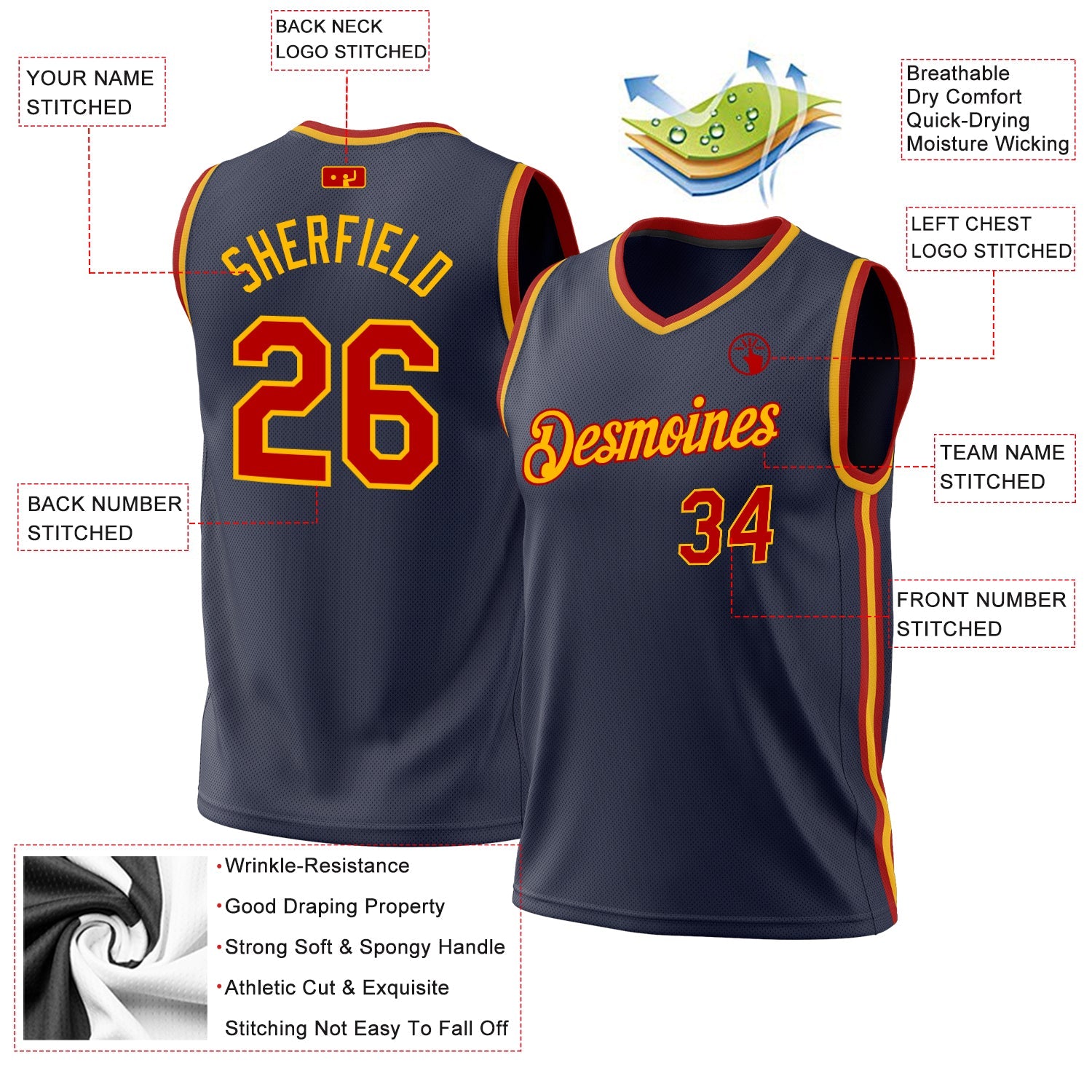 Custom Navy Red-Gold Authentic Throwback Basketball Jersey view 3