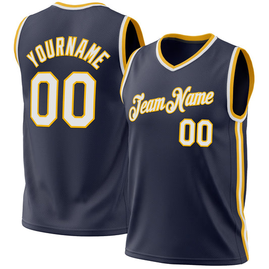 Custom Navy White-Gold Authentic Throwback Basketball Jersey - Main View