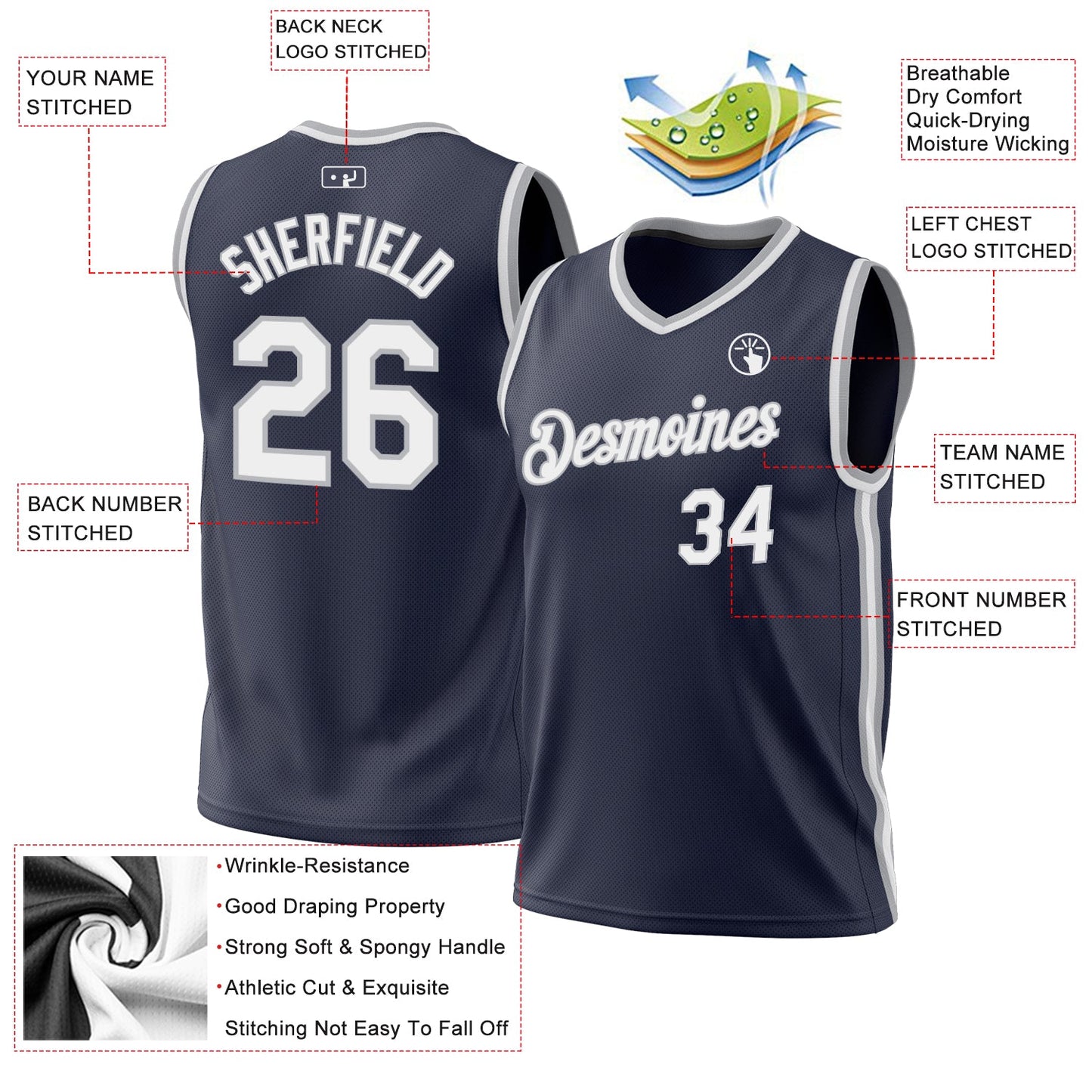 Custom Navy White-Gray Authentic Throwback Basketball Jersey view 3