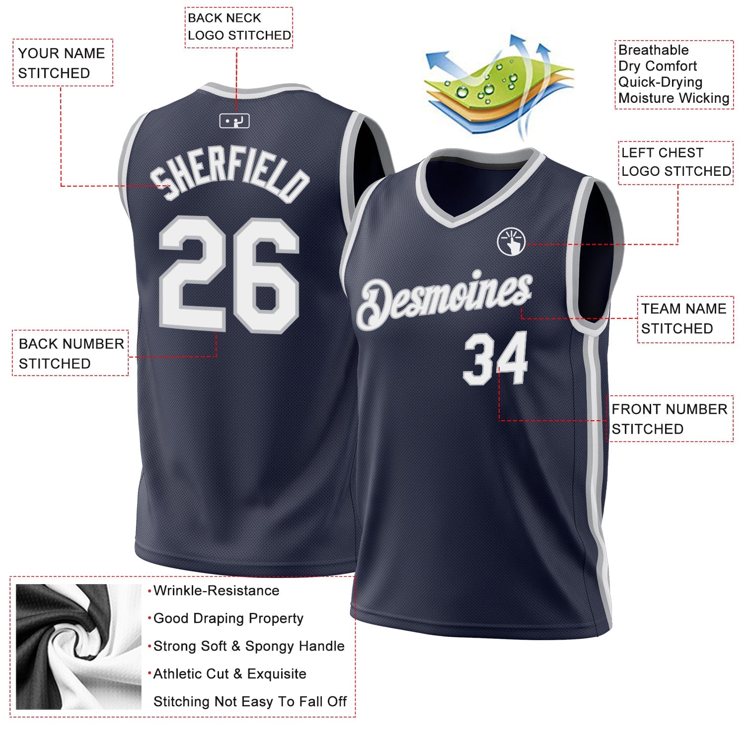Custom Navy White-Gray Authentic Throwback Basketball Jersey view 3