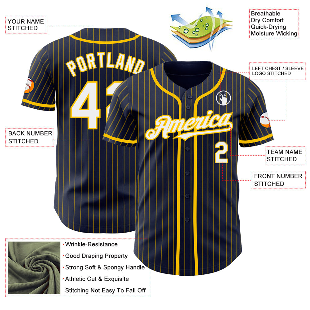 Custom Navy Yellow Pinstripe White Authentic Baseball Jersey view 3