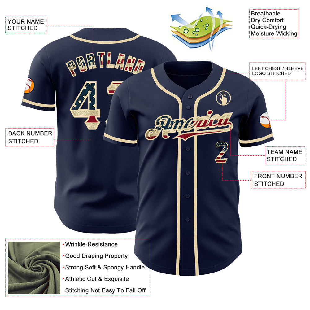 Custom Navy Vintage USA Flag-Cream Authentic Baseball Jersey view 3