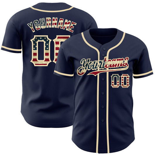 Custom Navy Vintage USA Flag-Cream Authentic Baseball Jersey - Main View