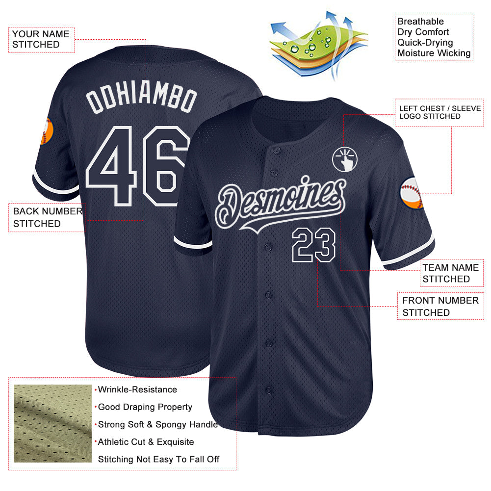 Custom Navy White Mesh Authentic Throwback Baseball Jersey view 3