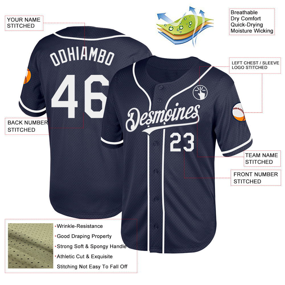 Custom Navy White Mesh Authentic Throwback Baseball Jersey view 3