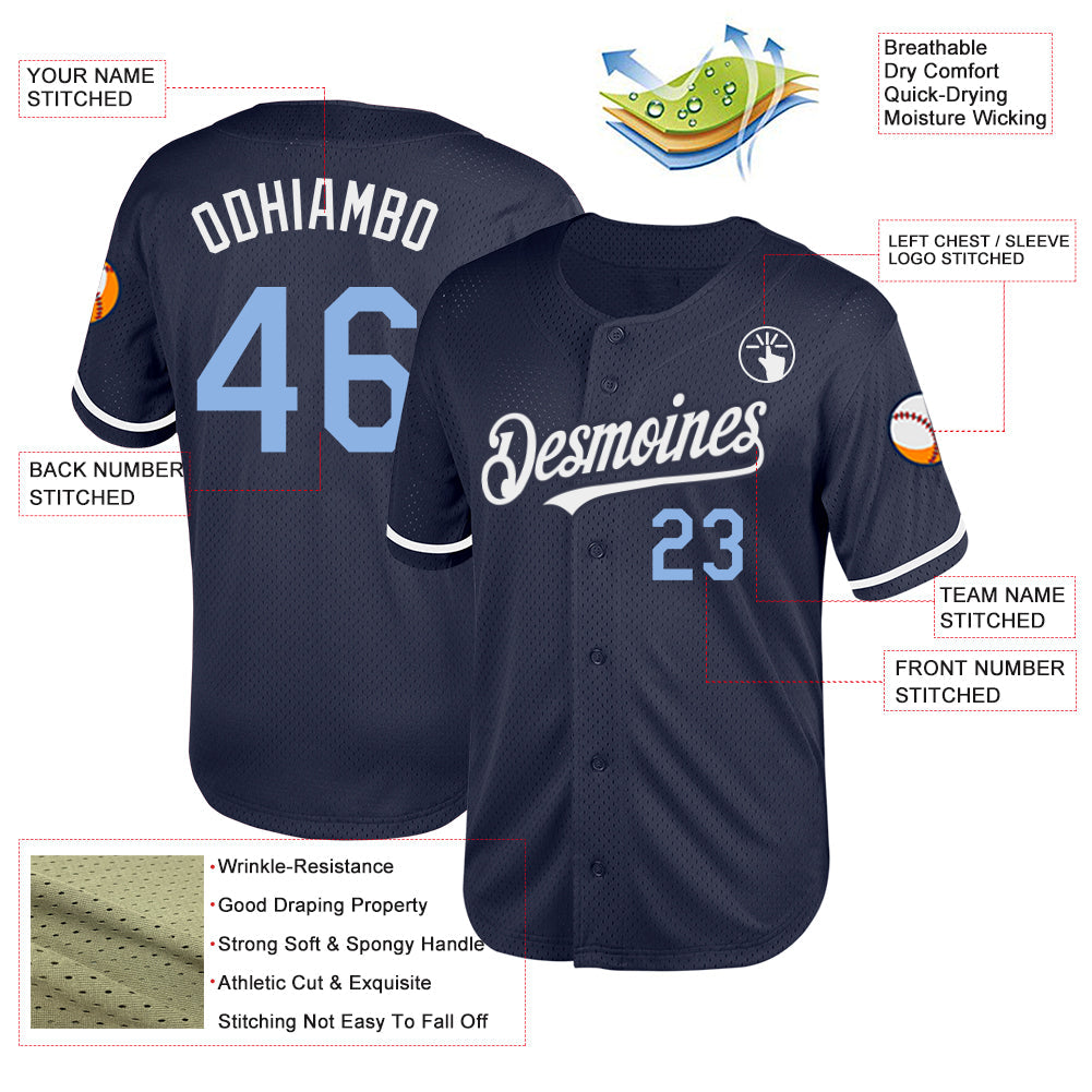 Custom Navy Light Blue-White Mesh Authentic Throwback Baseball Jersey view 3
