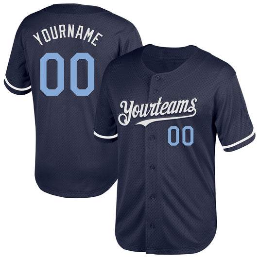 Custom Navy Light Blue-White Mesh Authentic Throwback Baseball Jersey - Main View