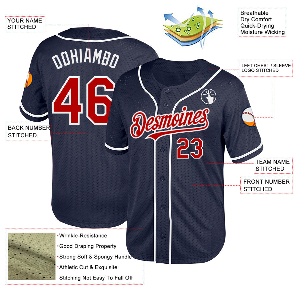 Custom Navy Red-White Mesh Authentic Throwback Baseball Jersey view 3
